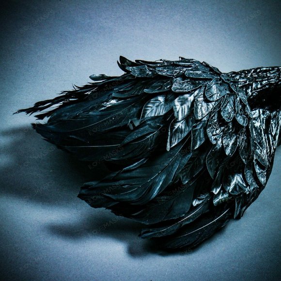 Black Bird Curved Nose Feather Plague Doctor Mask - Picture 7 of 9